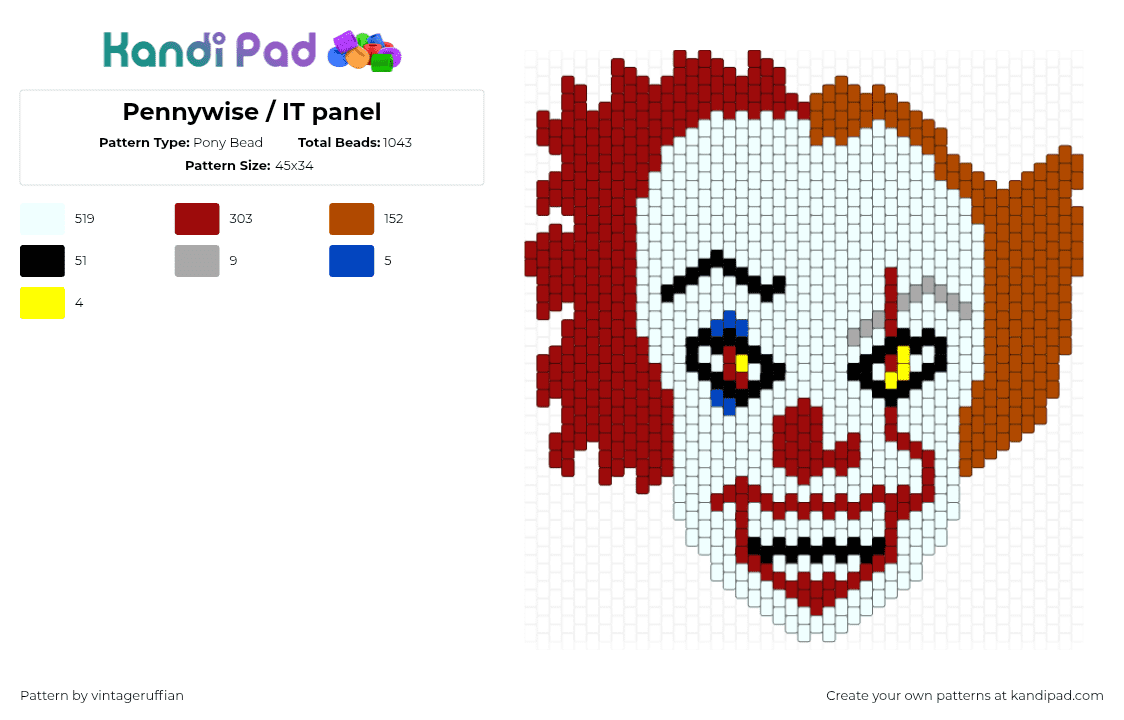 Pennywise / IT panel - Pony Bead Pattern by vintageruffian on Kandi Pad - white,red,pennywise,horror,scary,clown,stephen king,it,panel