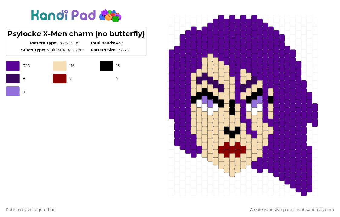 Psylocke X-Men charm (no butterfly) - Pony Bead Pattern by vintageruffian on Kandi Pad - psylocke,head,betsy,kwannon,superhero,comic book,purple,xmen,marvel,charm