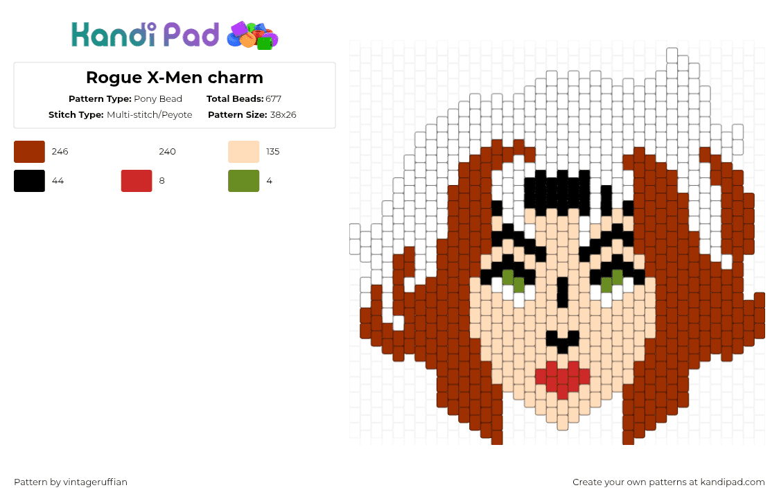 Rogue X-Men charm - Pony Bead Pattern by vintageruffian on Kandi Pad - rogue,head,red,beige,xmen,marvel,charm