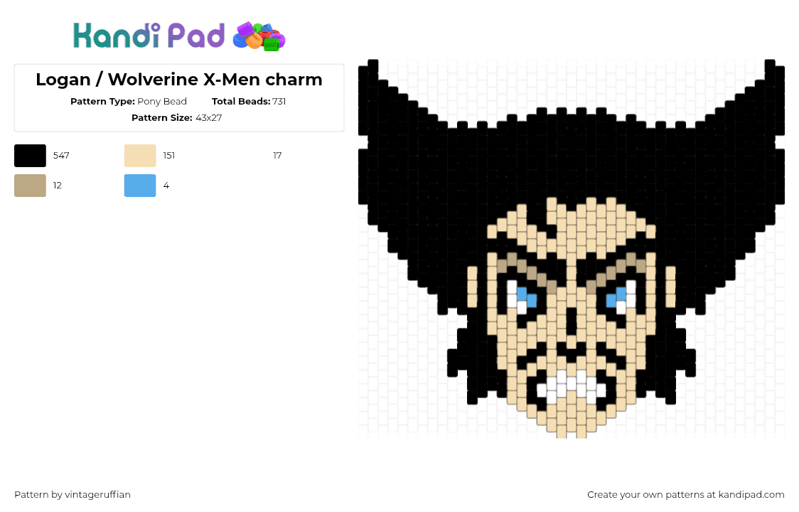 Logan / Wolverine X-Men charm - Pony Bead Pattern by vintageruffian on Kandi Pad - black,beige,wolverine,logan,xmen,marvel,charm