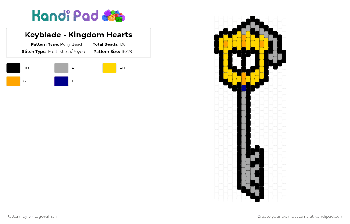 Keyblade - Kingdom Hearts - Pony Bead Pattern by vintageruffian on Kandi Pad - black,yellow,beige,cotdkeys,keyblade,kingdom hearts,disney,video games