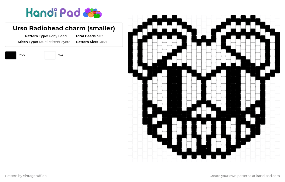 Urso Radiohead charm (smaller) - Pony Bead Pattern by vintageruffian on Kandi Pad - black,white,radiohead,urso,music,charm