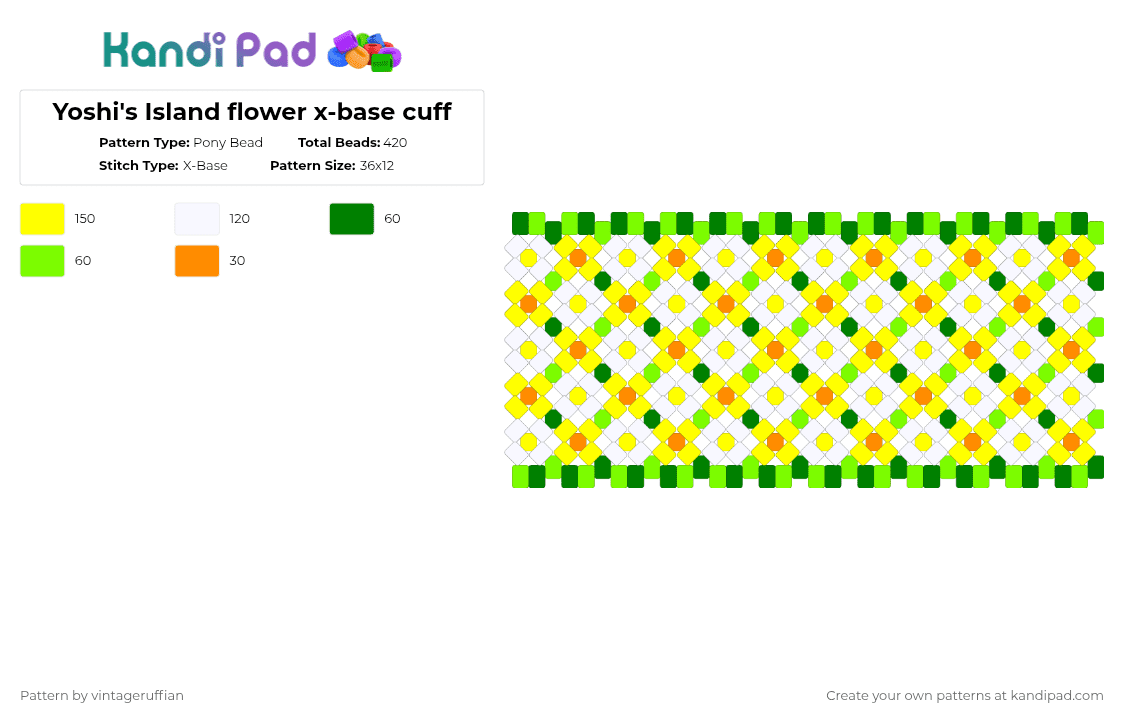 Yoshi\'s Island flower x-base rotator cuff - Pony Bead Pattern by vintageruffian on Kandi Pad - yoshis island,rotator cuff,yellow,green