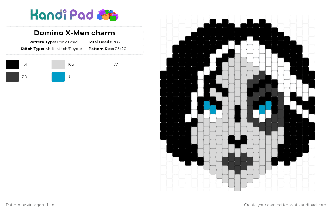 Domino X-Men charm - Pony Bead Pattern by vintageruffian on Kandi Pad - domino,head,character,white,xmen,charm,marvel
