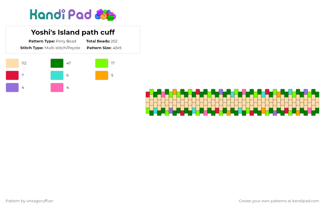 Yoshi\'s Island path outer cuff - Pony Bead Pattern by vintageruffian on Kandi Pad - beige,green