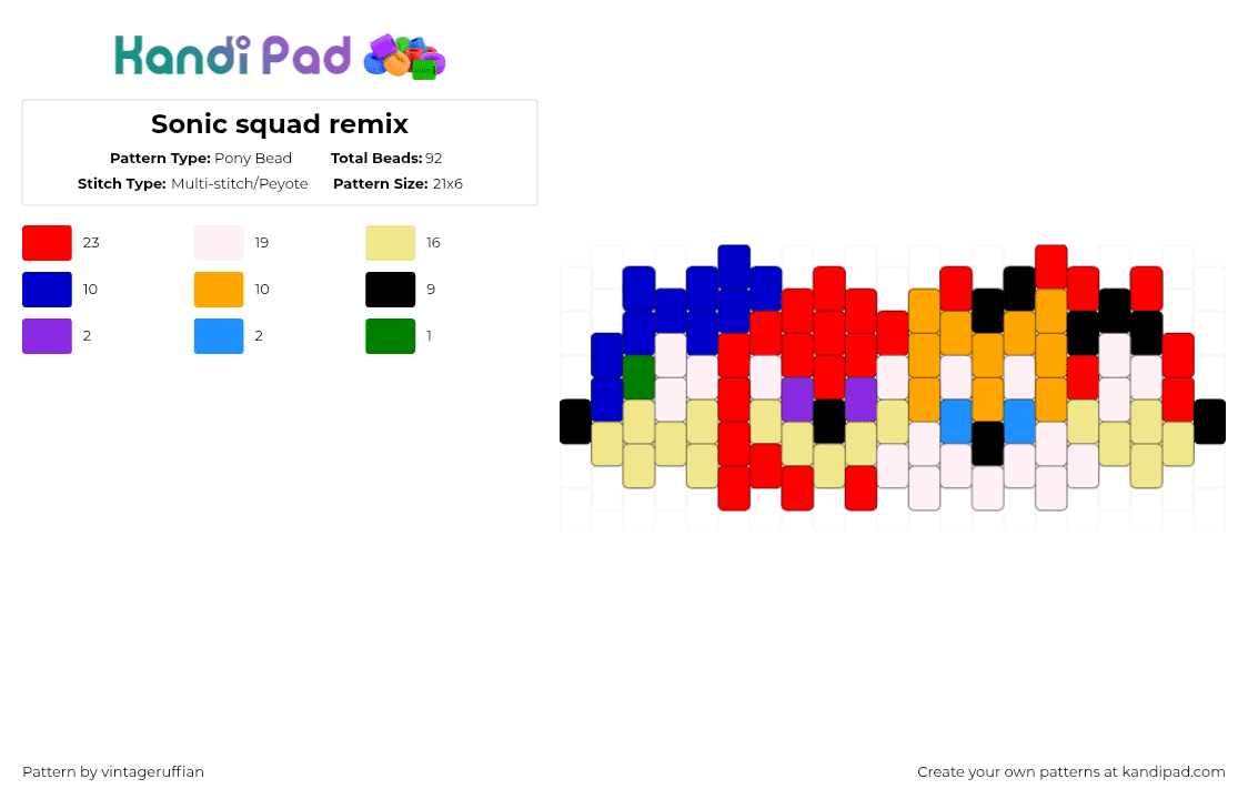 Sonic squad remix - Pony Bead Pattern by vintageruffian on Kandi Pad - purple,red,yellow,orange,sonic,knuckles,tails,shadow