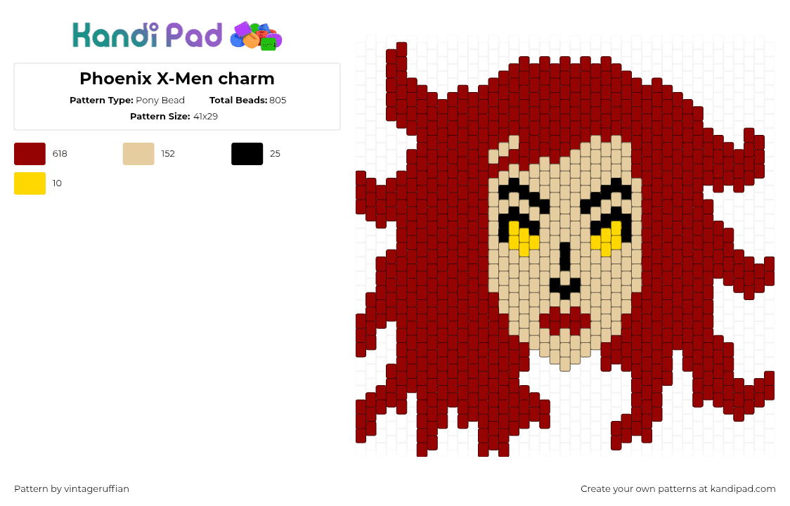 Phoenix X-Men charm - Pony Bead Pattern by vintageruffian on Kandi Pad - red,jean grey,phoenix,xmen,marvel,charm,panel