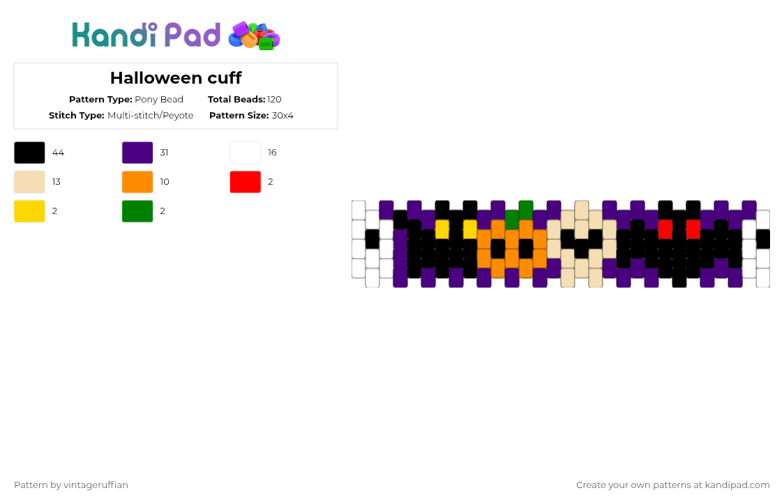 Halloween cuff - Pony Bead Pattern by vintageruffian on Kandi Pad - beige,orange,purple,halloween,spooky,ghost,bat,jack o lantern,black cat,skull