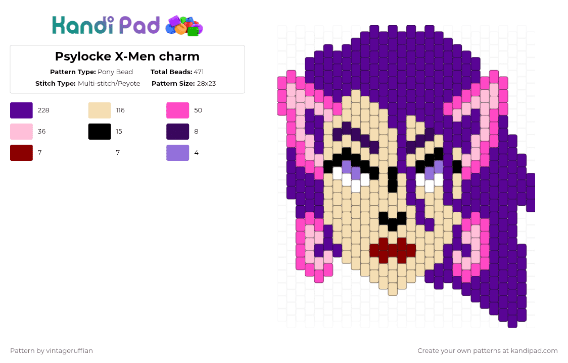 Psylocke X-Men charm - Pony Bead Pattern by vintageruffian on Kandi Pad - beige,purple,psylocke,xmen,charm,marvel