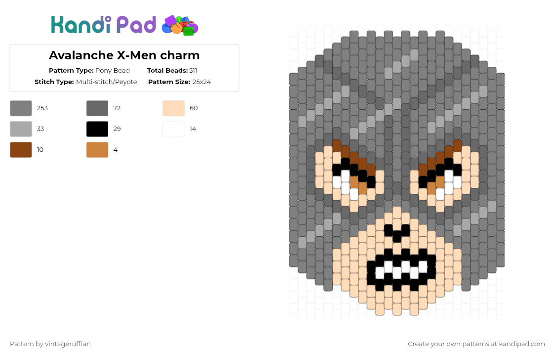 Avalanche X-Men charm - Pony Bead Pattern by vintageruffian on Kandi Pad - beige,gray,charm,xmen,avalanche,brotherhood of mutants