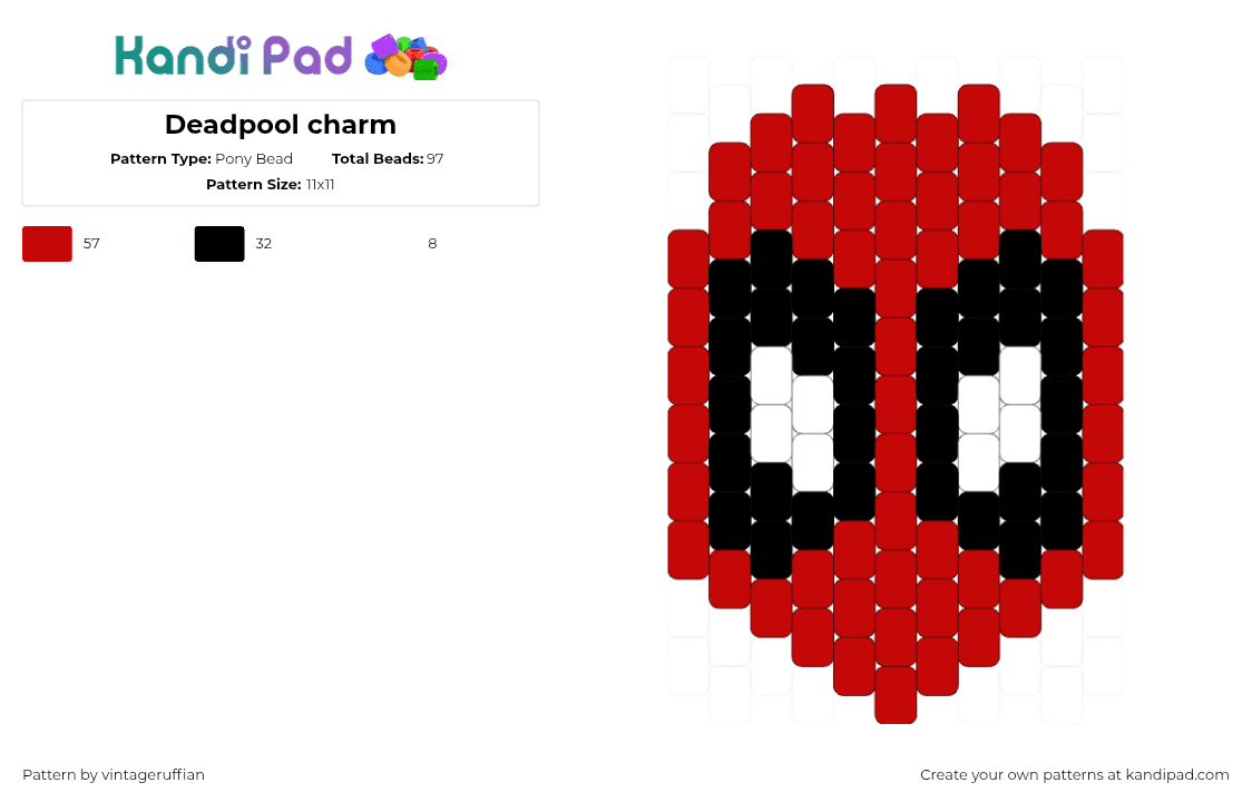 Deadpool charm - Pony Bead Pattern by vintageruffian on Kandi Pad - red,deadpool,marvel,comics,wade wilson,charm