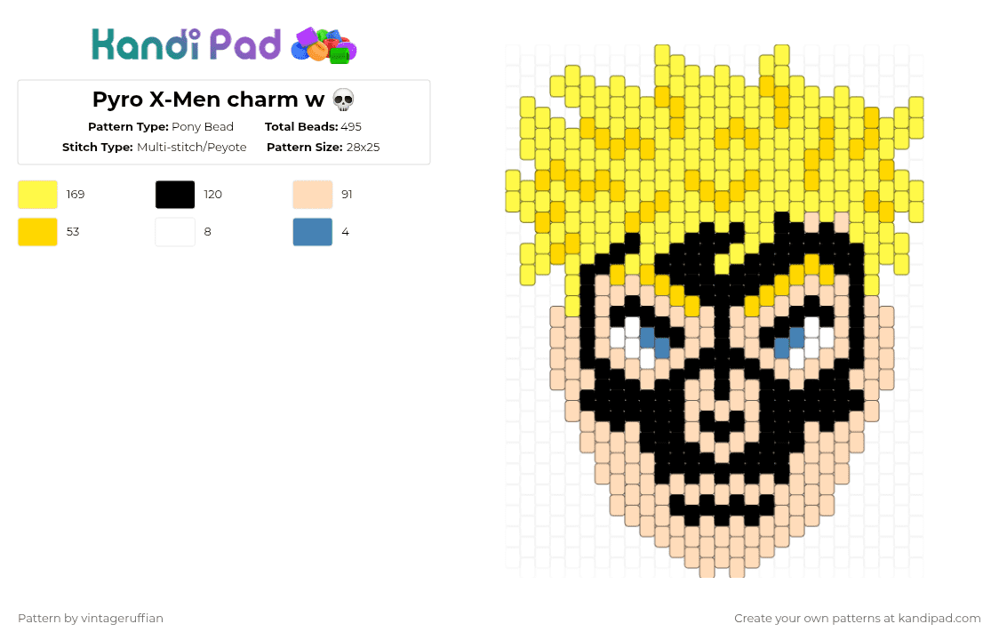 Pyro X-Men charm w 💀 - Pony Bead Pattern by vintageruffian on Kandi Pad - beige,yellow,charm,xmen,pyro,brotherhood of mutants