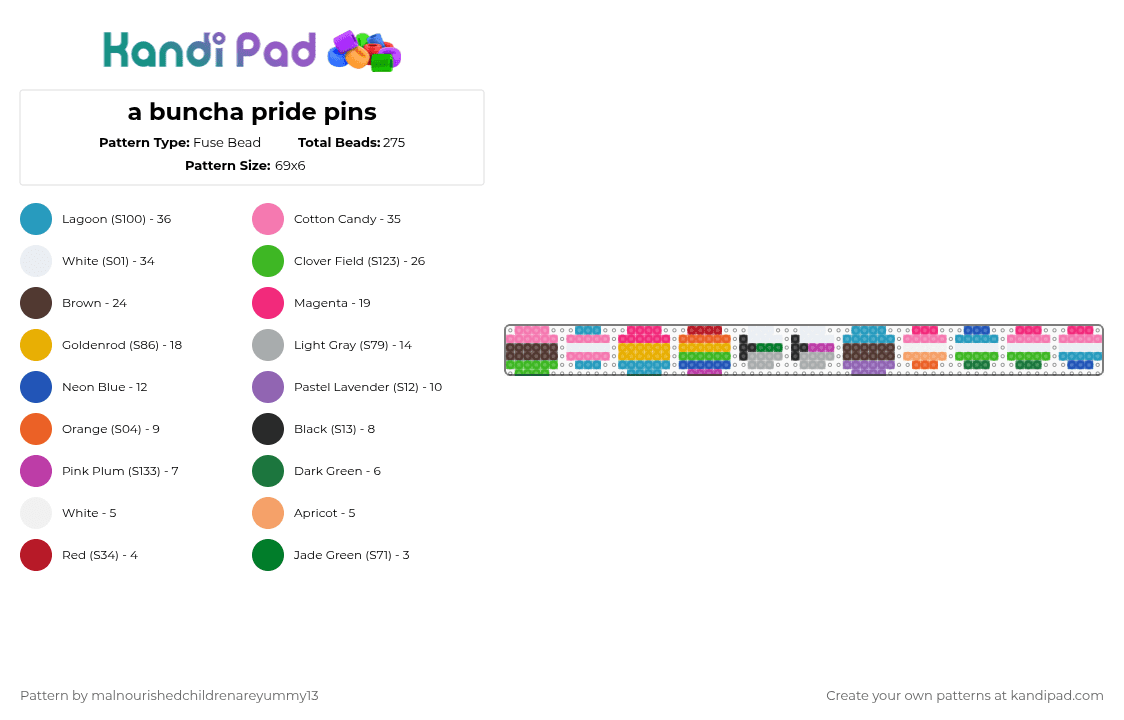 a buncha pride pins - Fuse Bead Pattern by malnourishedchildrenareyummy13 on Kandi Pad - pink,green,light blue,orange,silly,gay,pride,homohomies,zestybesties,bleh,flags