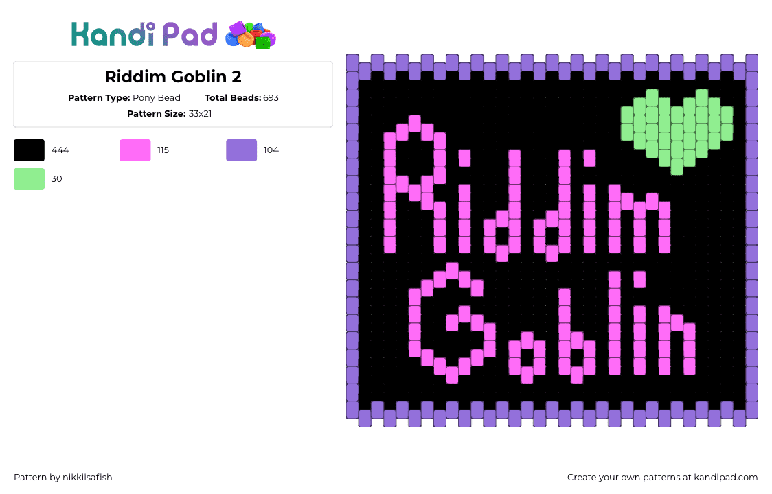 Riddim Goblin 2 - Pony Bead Pattern by nikkiisafish on Kandi Pad - black,pink,purple
