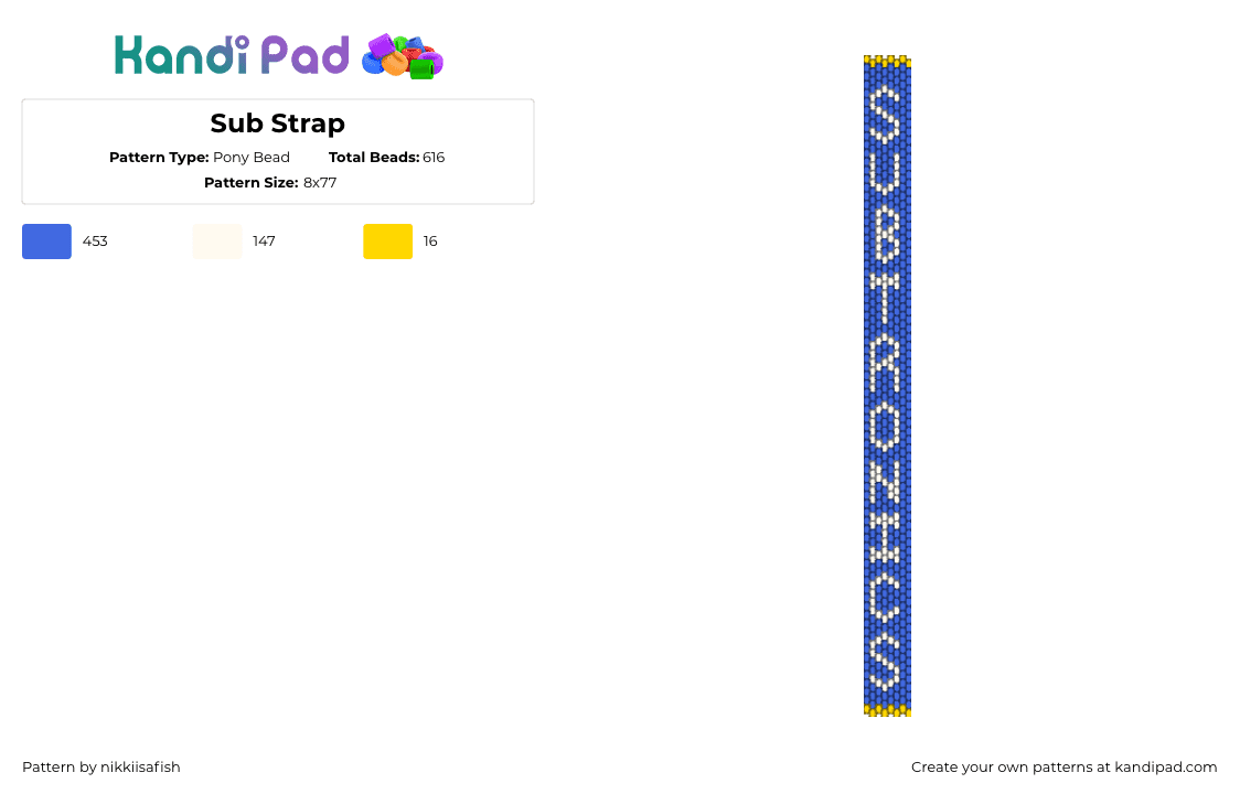 Sub Strap - Pony Bead Pattern by nikkiisafish on Kandi Pad - blue