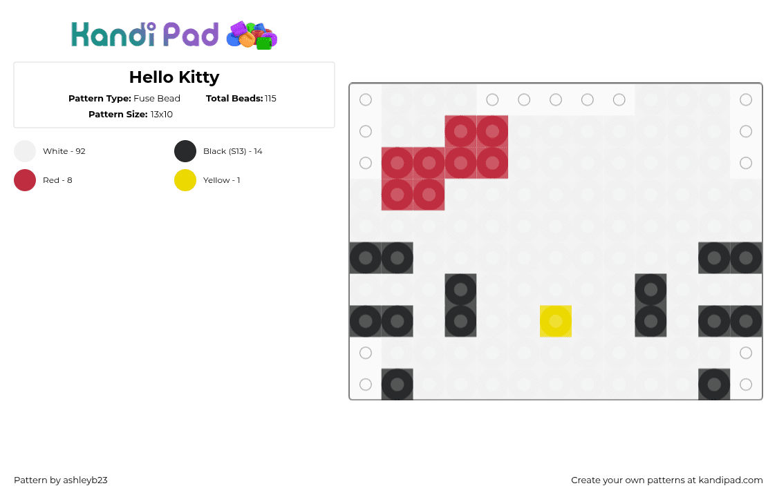 Hello Kitty - Fuse Bead Pattern by ashleyb23 on Kandi Pad - white,red