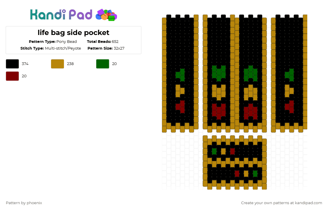 life bag side pocket - Pony Bead Pattern by phoenix on Kandi Pad - black,gold