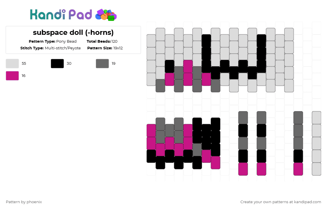 subspace doll (-horns) - Pony Bead Pattern by phoenix on Kandi Pad - white,gray,pink,phighting,subspace,roblox,grey,doll