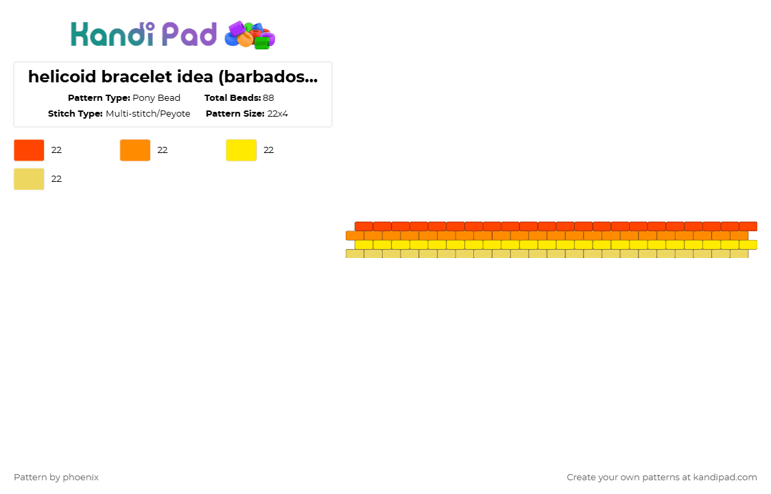 helicoid bracelet idea (barbados commission 4) - Pony Bead Pattern by phoenix on Kandi Pad - yellow,orange,tan,tropical,helicoid,red,light yellow,base