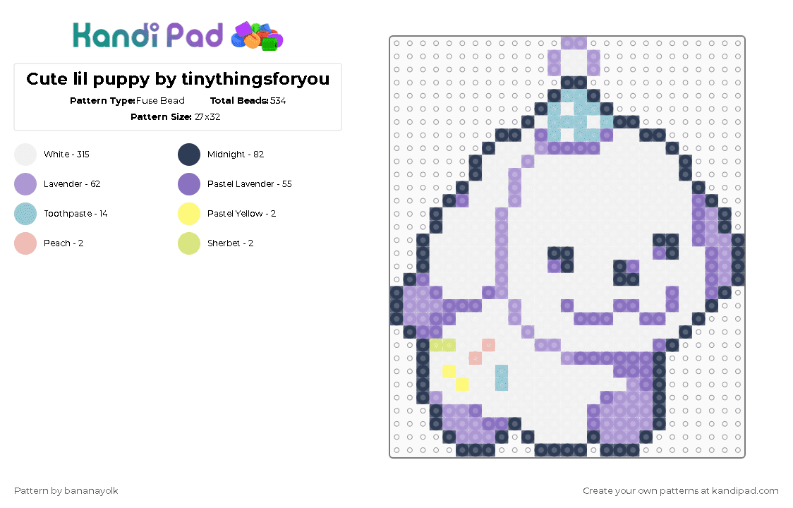 Cute lil puppy by tinythingsforyou - Fuse Bead Pattern by bananayolk on Kandi Pad - white,purple,pink,blue,dog,puppy,cute,hat
