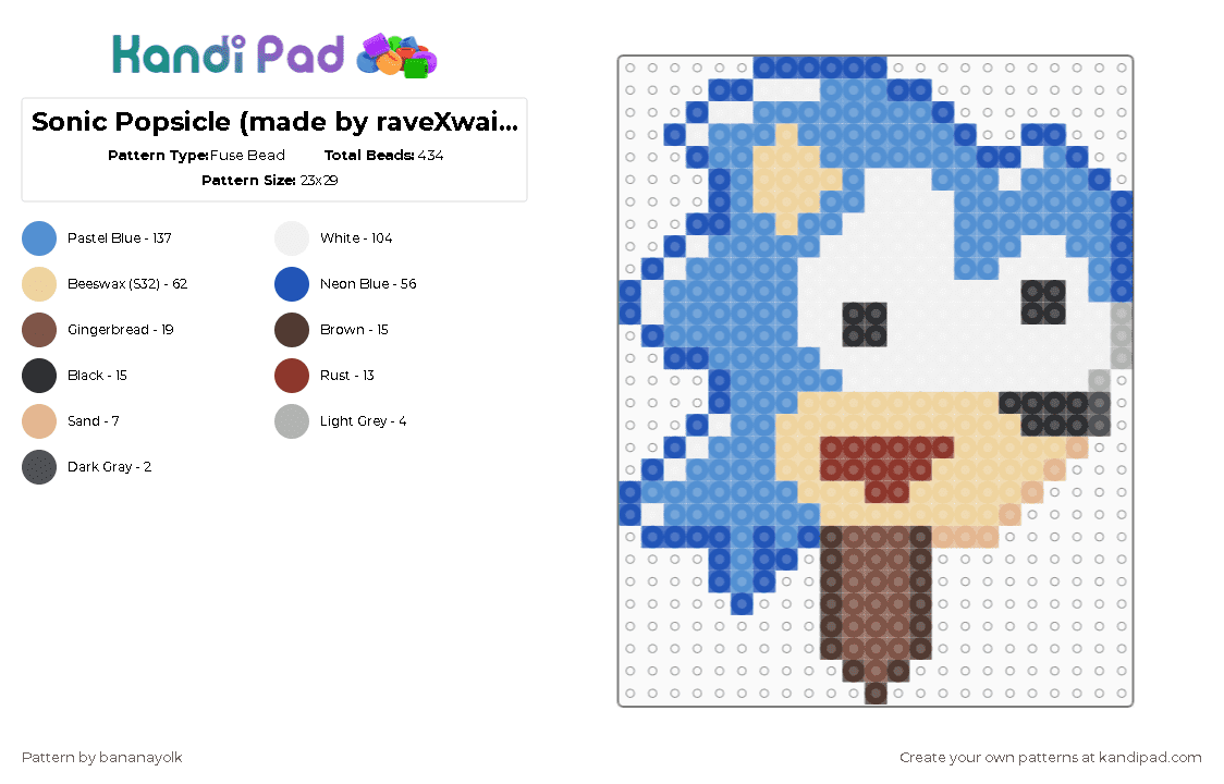 Sonic Popsicle (made by raveXwaifu12 on kandipatterns.com) - Fuse Bead Pattern by bananayolk on Kandi Pad - light blue,blue,beige,sonic,popsicle,video game,game