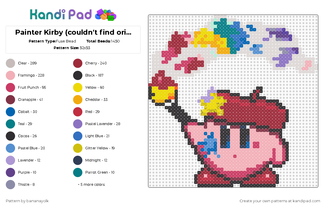 Painter Kirby (couldn\'t find orig. artist) - Fuse Bead Pattern by bananayolk on Kandi Pad - red,pink,beige,kirby,painter,colorful,colourful