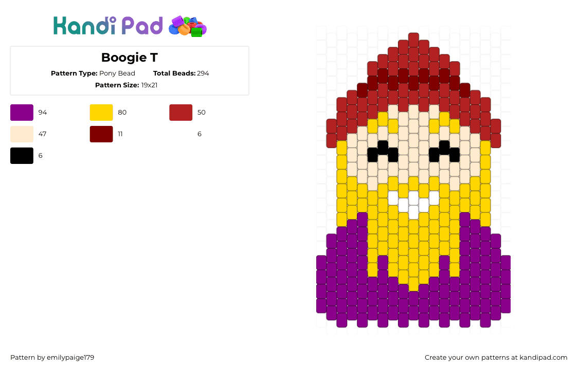 Boogie T - Pony Bead Pattern by emilypaige179 on Kandi Pad - boogie t,portrait,charm,music,dj,yellow,pink,edm