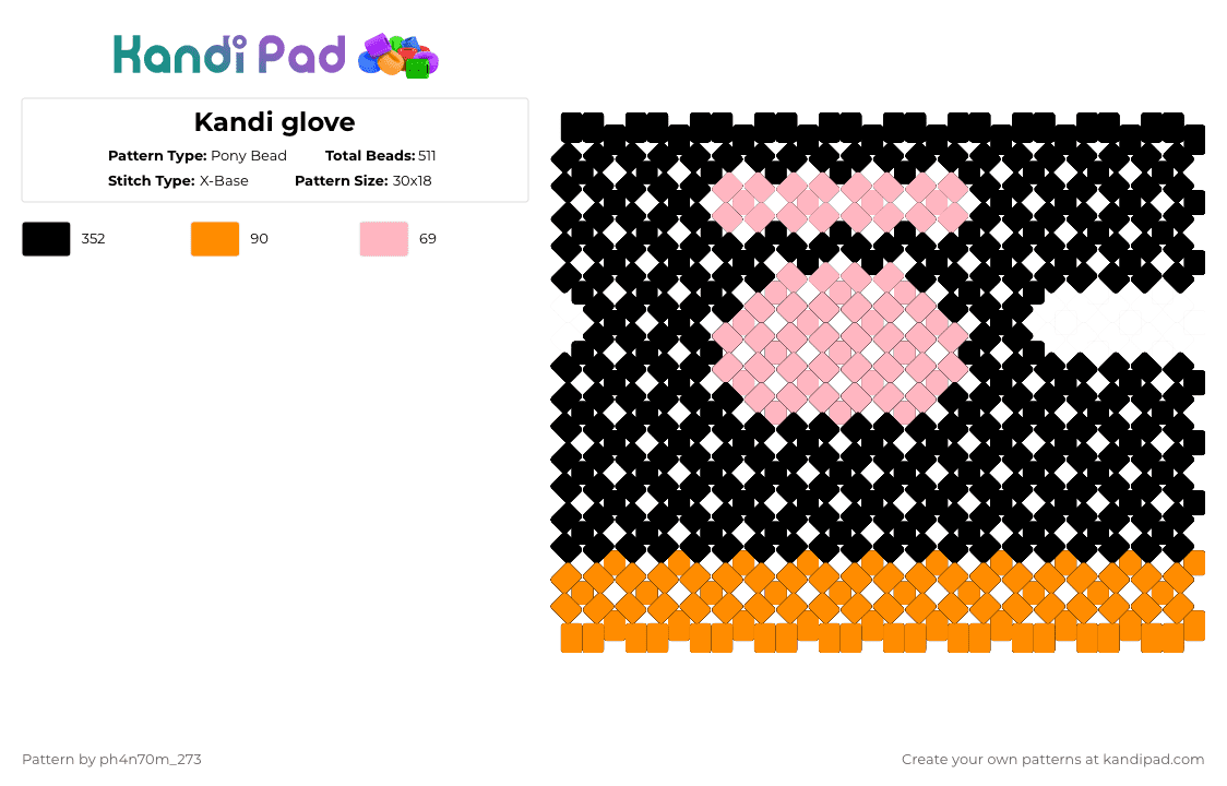 Kandi glove - Pony Bead Pattern by ph4n70m_273 on Kandi Pad - black,pink,orange