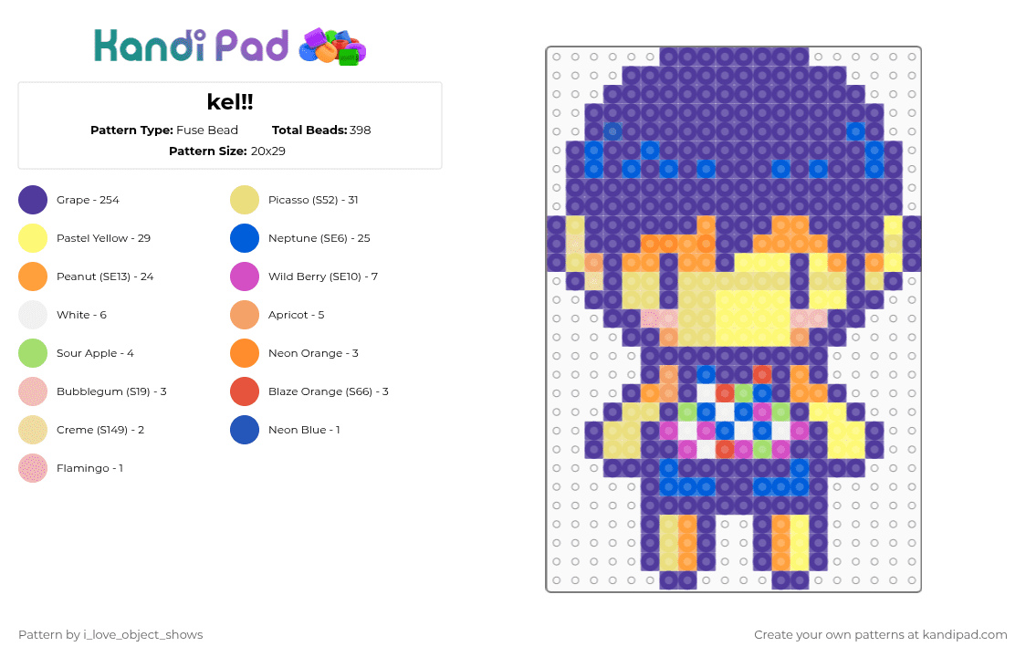 kel!! - Fuse Bead Pattern by i_love_object_shows on Kandi Pad - purple,yellow