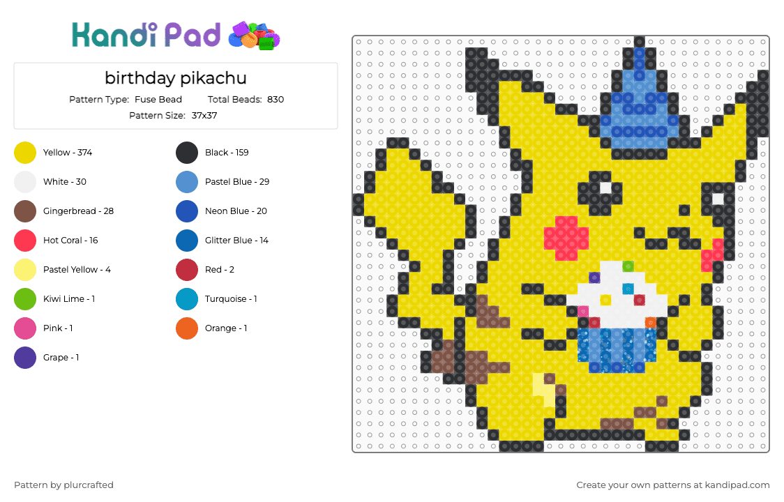 birthday pikachu - Fuse Bead Pattern by plurcrafted on Kandi Pad - yellow