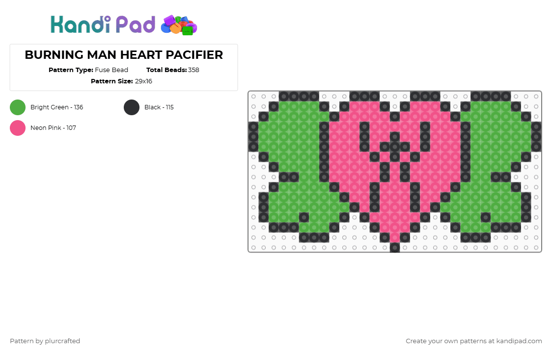 BURNING MAN HEART PACIFIER - Fuse Bead Pattern by plurcrafted on Kandi Pad - pink,green