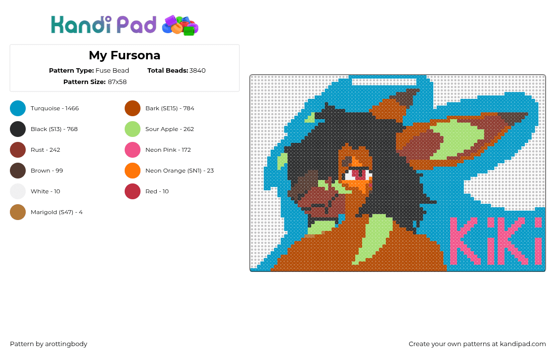 My Fursona - Fuse Bead Pattern by arottingbody on Kandi Pad - red,light blue,furry,vernid