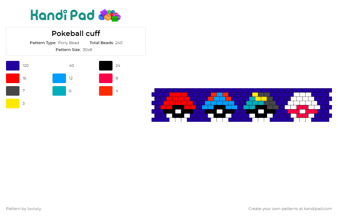 Pokeball cuff - Pony Bead Pattern by luvlucy on Kandi Pad - pokeball,pokemon,cuff,accessory,gaming,fan art,trainer,collection,blue