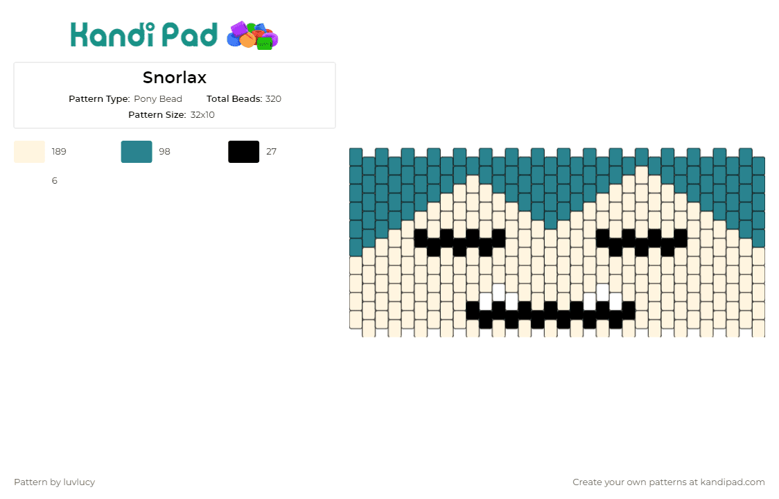 Snorlax - Pony Bead Pattern by luvlucy on Kandi Pad - snorlax,pokemon,cuff,nostalgia,recognizable,unique,contentment,calm,teal,beige