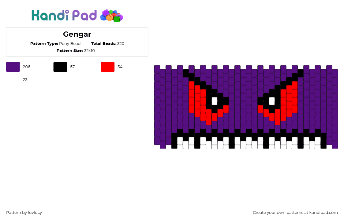 Gengar - Pony Bead Pattern by luvlucy on Kandi Pad - gengar,pokemon,cuff,mysterious,playful,mischievous,spirit,purple