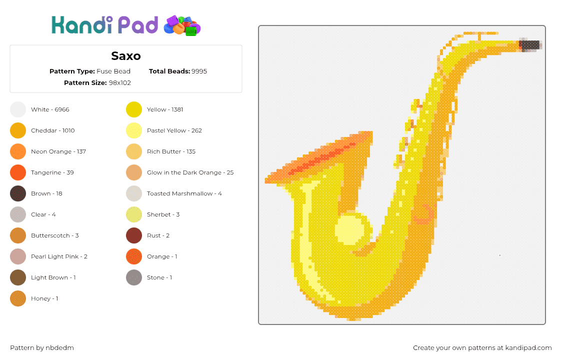 Saxophone - Fuse Bead Pattern by nbdedm on Kandi Pad - white,orange,yellow,griz,saxophone,music,instrument
