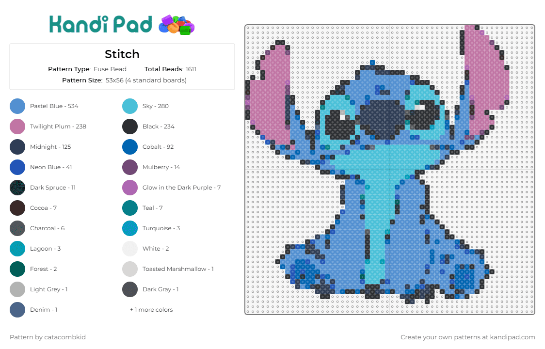 Stitch - Fuse Bead Pattern by catacombkid on Kandi Pad - stitch,lilo and stitch,alien,disney,character,whimsical,animation,blue