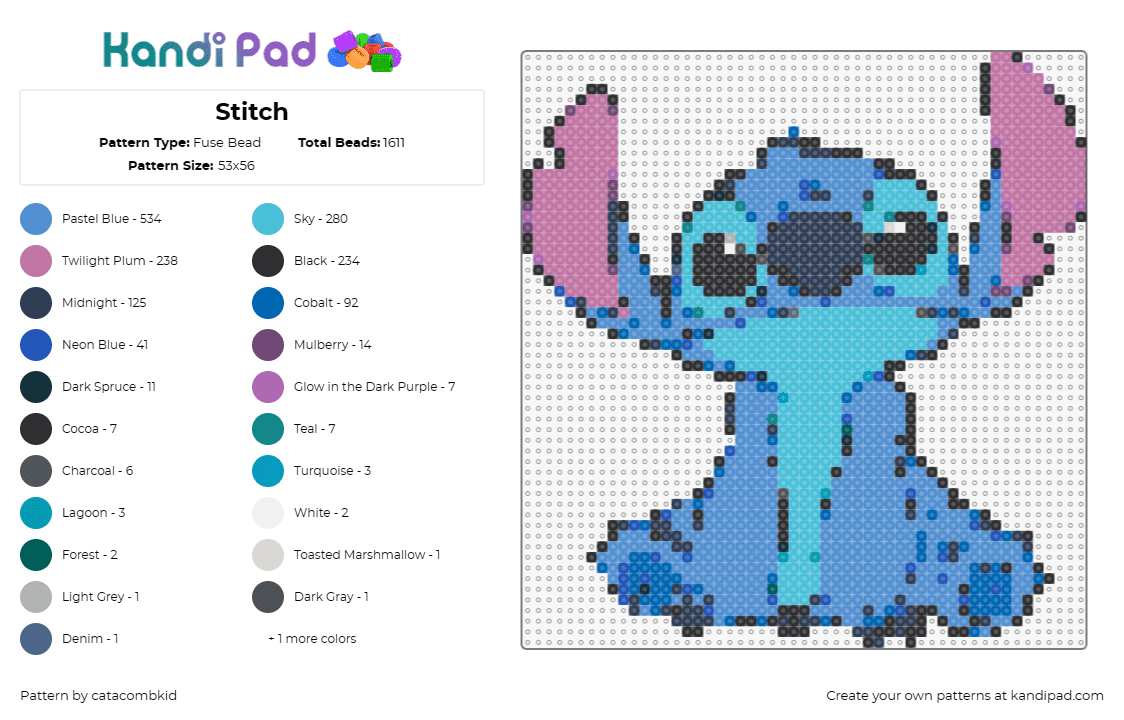 Stitch - Fuse Bead Pattern by catacombkid on Kandi Pad - stitch,lilo and stitch,alien,disney,character,whimsical,animation,blue