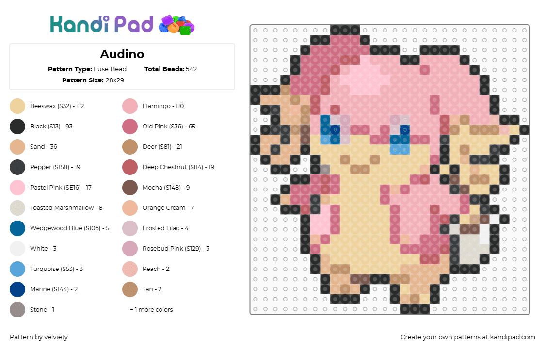 Audino - Fuse Bead Pattern by velviety on Kandi Pad - beige,pink,audino,pokemon,pokemon sprite,audino sprite