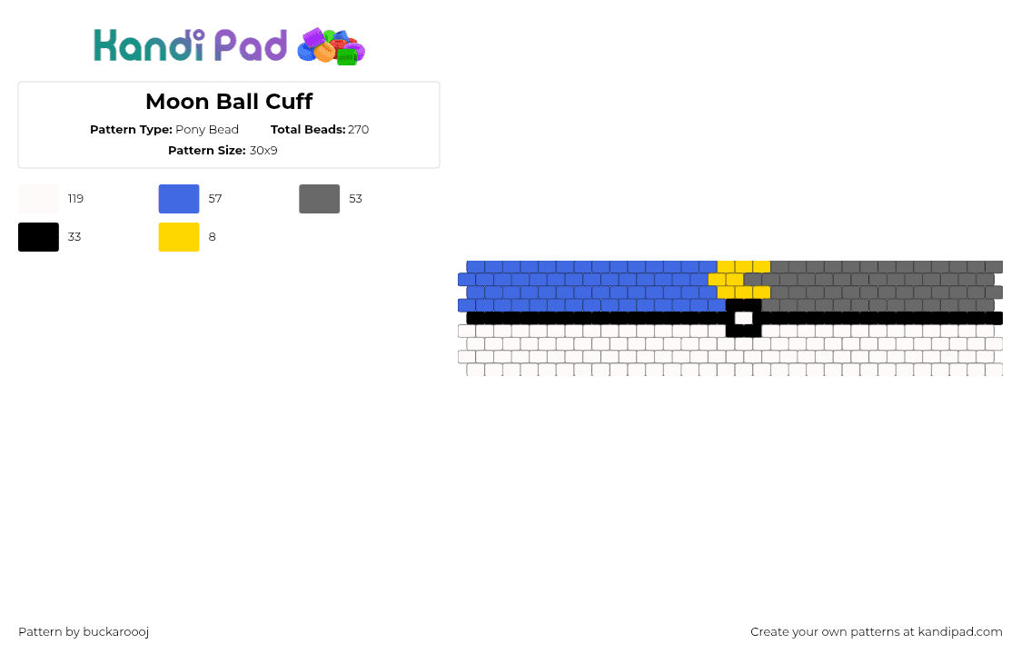 Moon Ball Cuff - Pony Bead Pattern by buckaroooj on Kandi Pad - white,gray,blue,moon ball,pokeball,cuff,gaming,pokemon