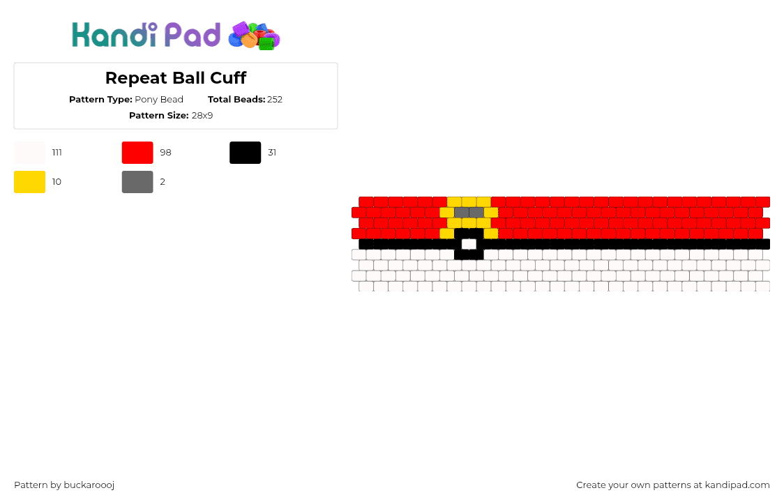 Repeat Ball Cuff - Pony Bead Pattern by buckaroooj on Kandi Pad - white,red,pokeball,pokemon,repeat ball,nintendo,gaming