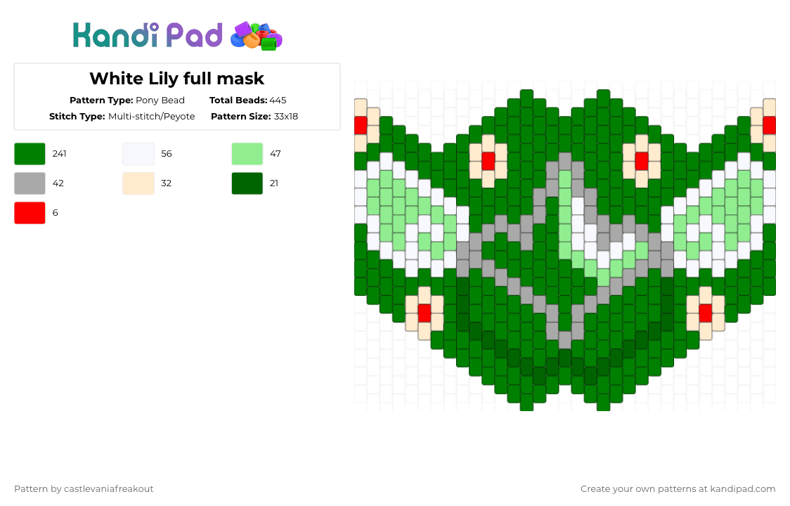 White Lily full mask - Pony Bead Pattern by castlevaniafreakout on Kandi Pad - green,white lily,crk,mask