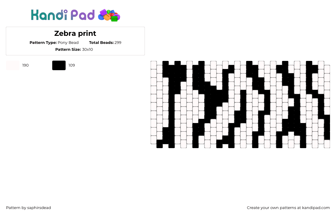 Zebra print - Pony Bead Pattern by saphirsdead on Kandi Pad - black,white,zebra,animal,animalprint,cute,zebraprint,fun,easy