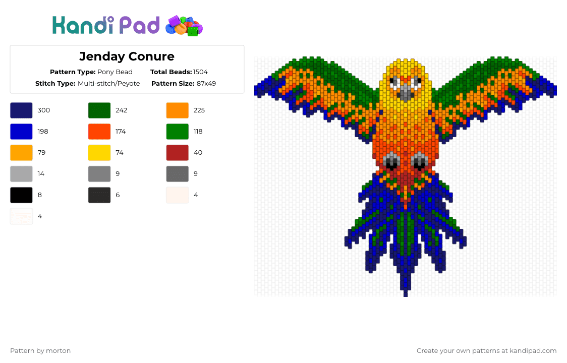 Jenday Conure - Pony Bead Pattern by morton on Kandi Pad - pet,animal,red,orange,green,purple,parrot,bird,conure,jenday