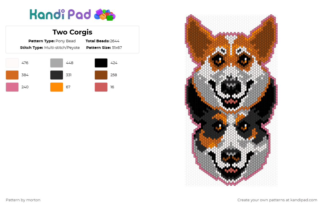 Two Corgis - Pony Bead Pattern by morton on Kandi Pad - orange,beige,dog,corgi,pet,cute