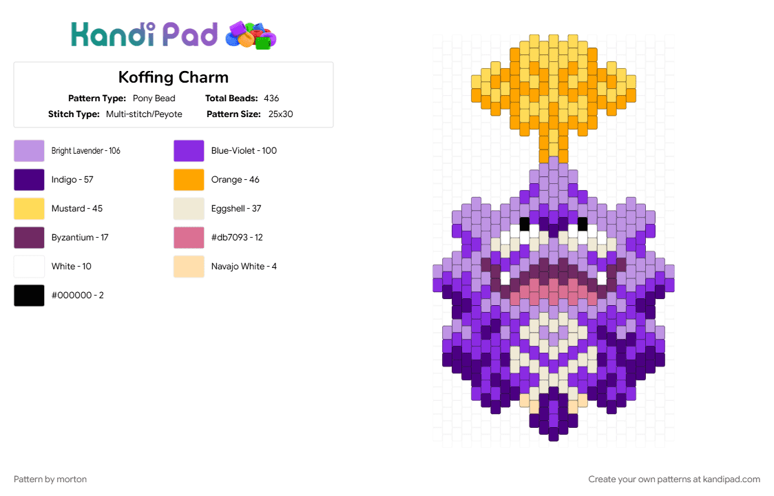 Koffing Charm - Pony Bead Pattern by morton on Kandi Pad - koffing, pink, pokemon, purple