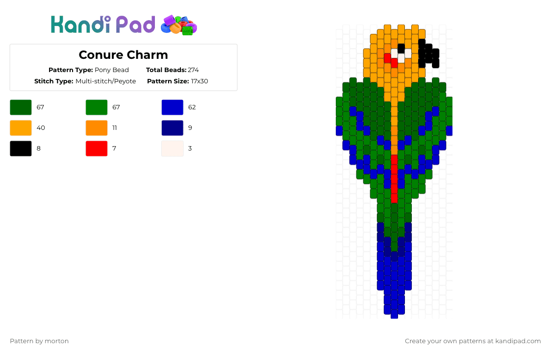 Conure Charm - Pony Bead Pattern by morton on Kandi Pad - green,purple,parrot,bird,pet