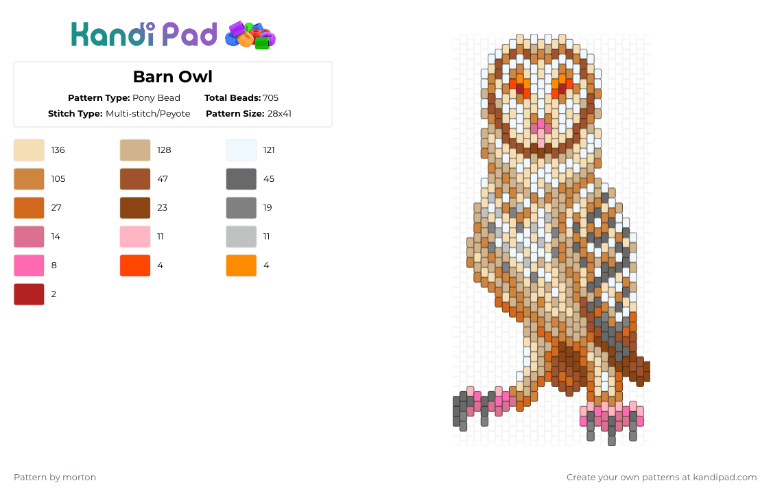 Barn Owl - Pony Bead Pattern by morton on Kandi Pad - beige,orange,bird,barn owl,owl,nature