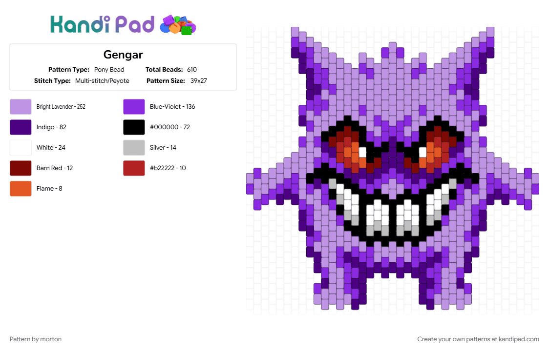 Gengar - Pony Bead Pattern by morton on Kandi Pad - gengar, pink, pokemon, purple
