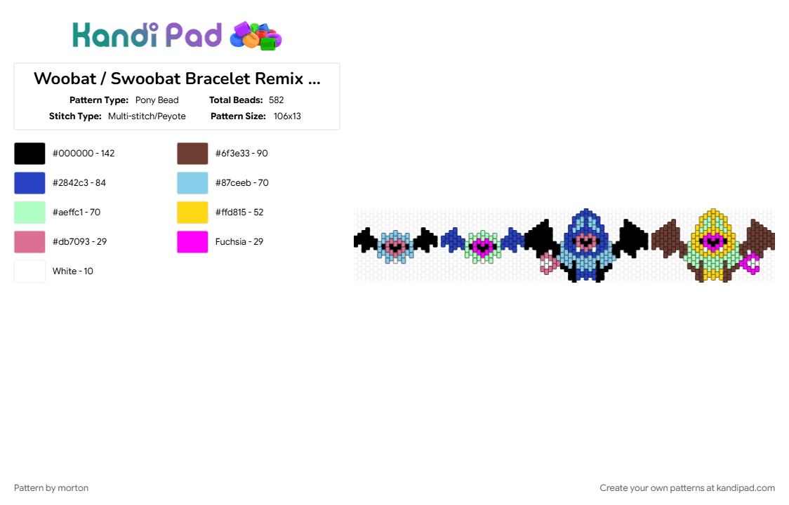 Woobat / Swoobat Bracelet Remix of ghostiebun\'s Remix of moronicmaniac - Pony Bead Pattern by morton on Kandi Pad - brown, light blue, pokemon, purple, swoobat, teal, woobat